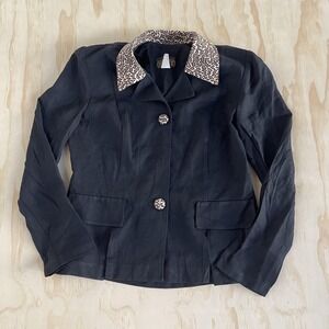 Vintage Virgo II Blazer Jacket Womens 10 Black Leopard Buttons USA 80s 90s
